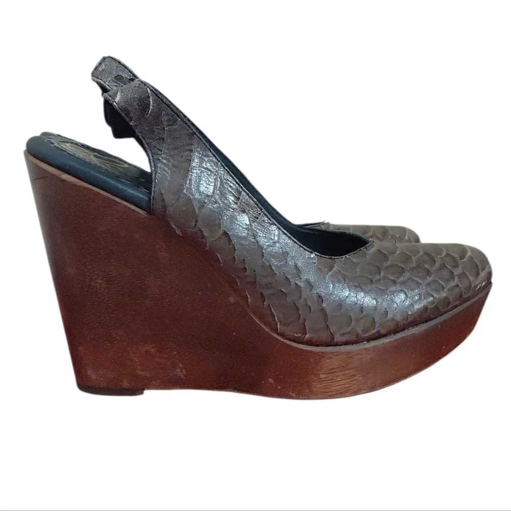 Rowen Platform Leather And Wood Sling Back Open Toe Wedge Sandals Size 7.5
